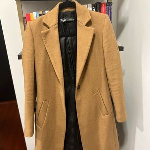 Zara Camel Manteco Wool Blend Button Front Pea Coat